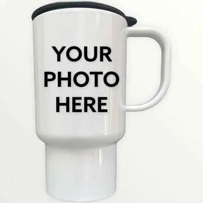 14 oz Plastic Travel Mug white by Luxe-Custom-Designer