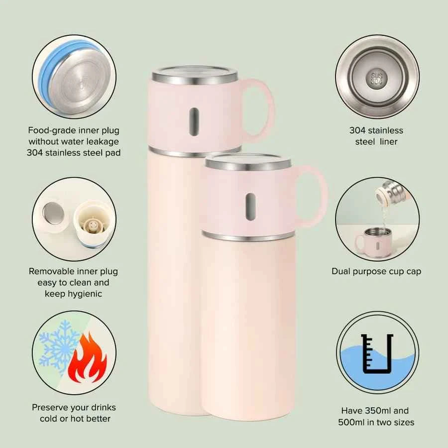500ml Stainless Steel Water Bottle Pink with Cup Lid by Luxe-Custom-Designer