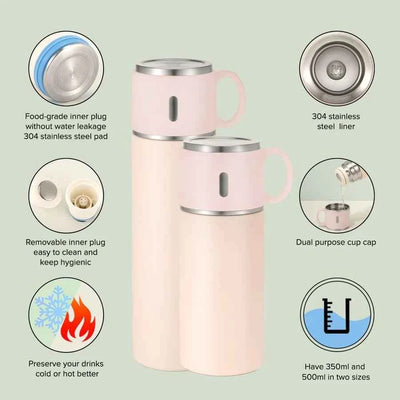 500ml Stainless Steel Water Bottle Pink with Cup Lid by Luxe-Custom-Designer