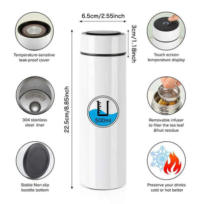 500ml Water Bottle with Filter and Temperature Display - Glossy White by Luxe-Custom-Designer